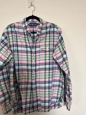Ralph Lauren Men's Large Pink and Green Plaid Flannel Button Down Shirt